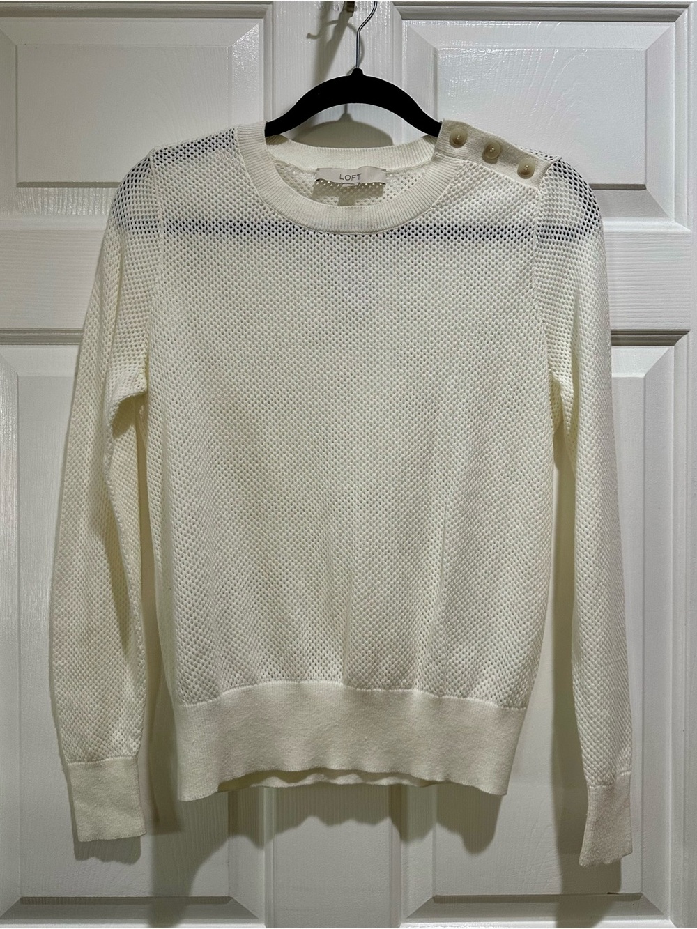 LOFT Cream Open-Knit Crew Sweater with Shoulder Buttons